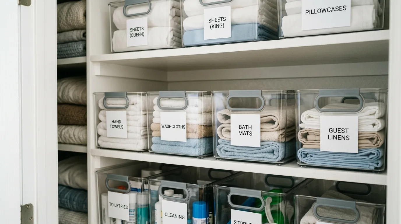 Use shelf dividers to stop collapse and drift inspiration for a linen closet.